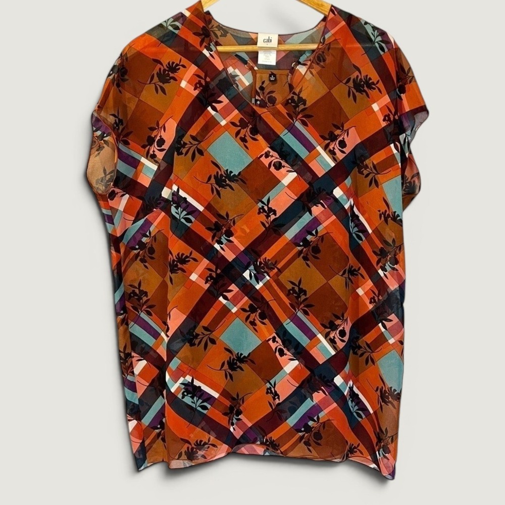 Cabi‎ Plaid Floral Sheer Blouse Top S Office Artsy Business Corporate